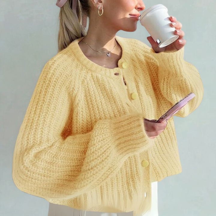 ELOWEN™ - Comfy Plain Button Down Long Sleeve Round Neck Cardigan