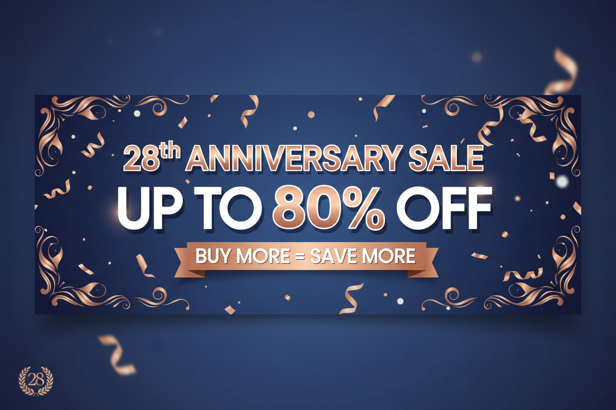 28th ANNIVERSARY SALE banner with up to 80% off and buy more = save more text 