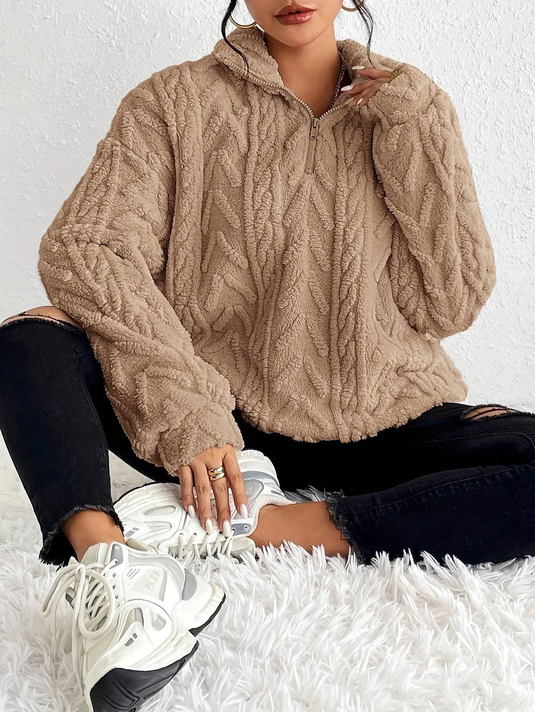 Annie Boutique™| Braided Zip-Up Pullover